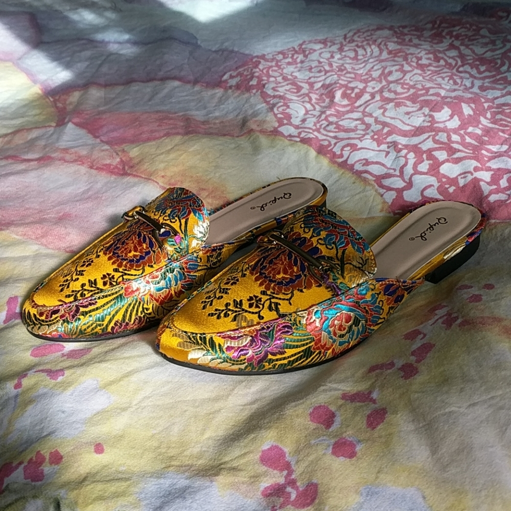 Qupid yellow gold floral flat mules